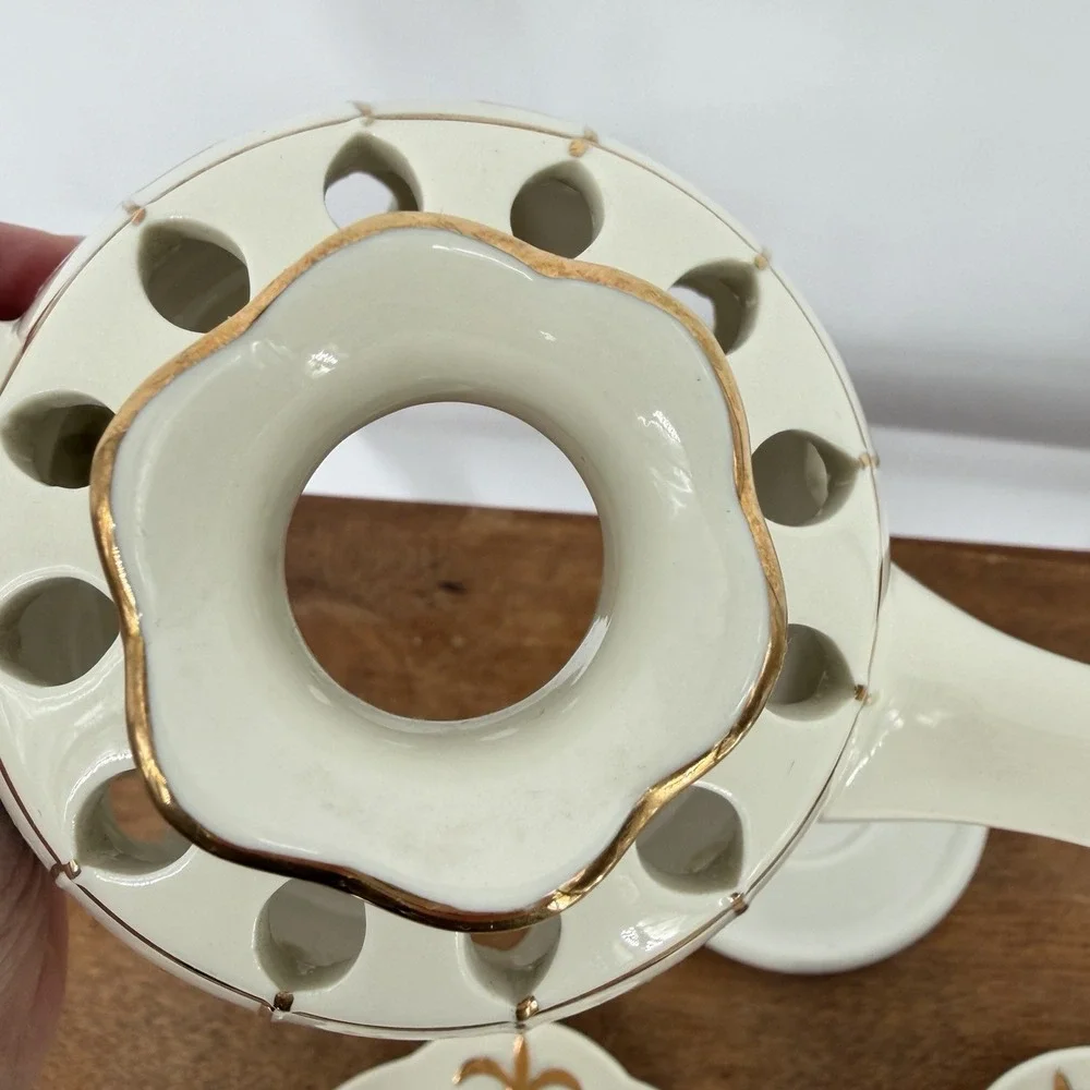 VTG 90s PartyLite Tea For Two Candle Holder Porcelain Teapot 2 Saucers Gold Trim - Picture 5 of 14